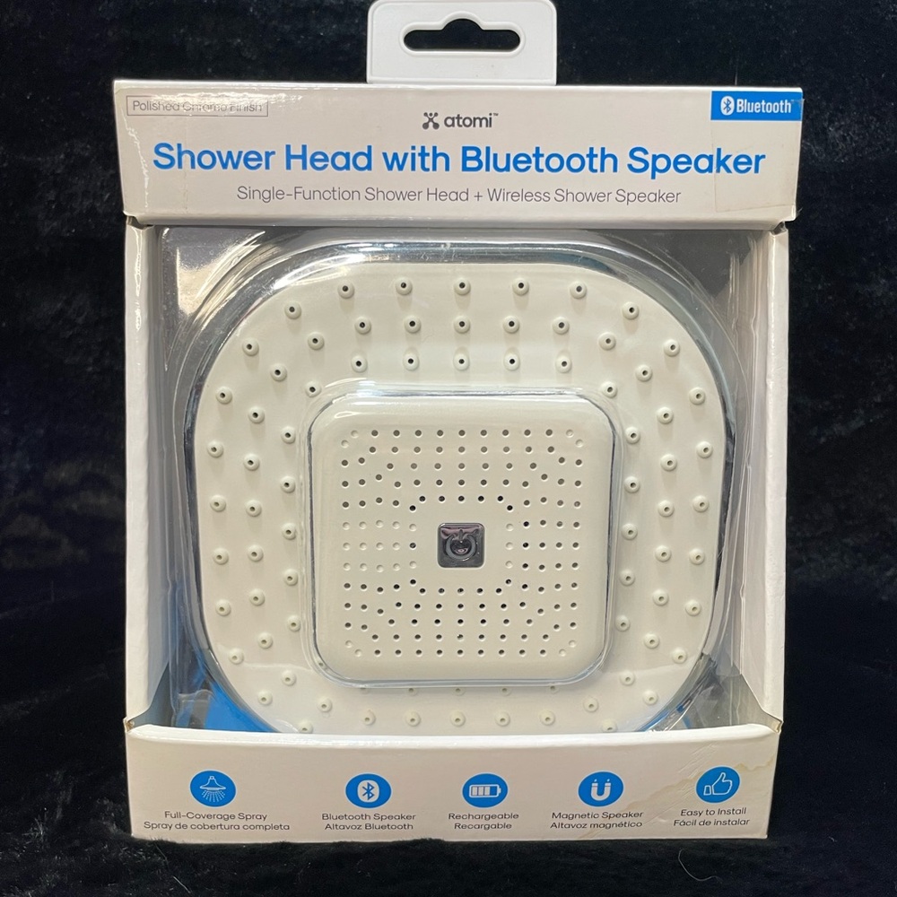 Atomi 4.9” White Showerhead With Removable, Magnetic Bluetooth Speaker